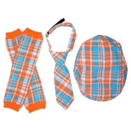 3 Pc Newsboy Hat, Tie & Leg Warmers Set - Turquoise & Tangerine