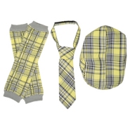 3 Pc Newsboy Hat, Tie & Leg Warmers Set - Yellow & Gray Plaid