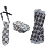 3 Pc Newsboy Hat, Tie & Leg Warmers Set - Gray Argyle